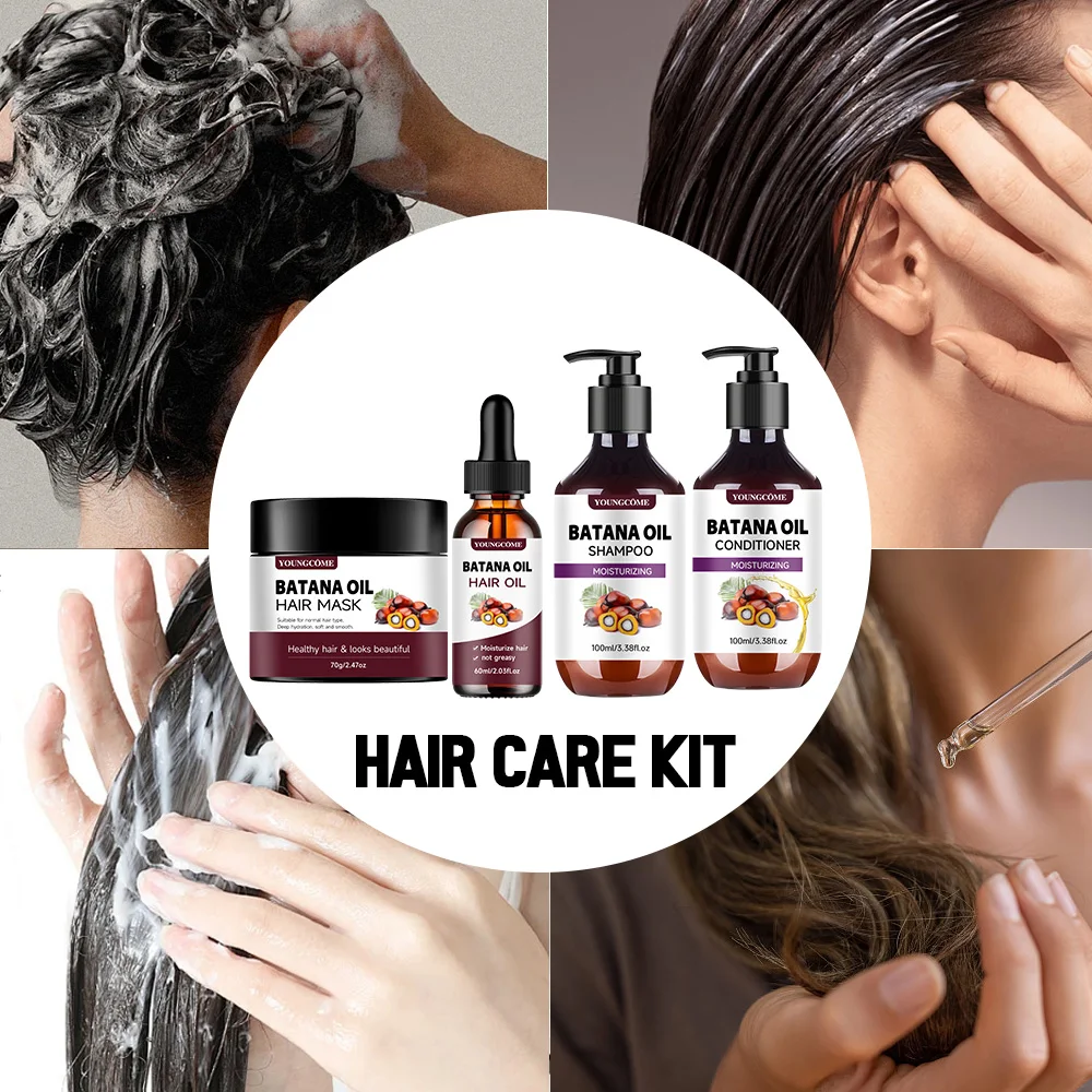 BATANA Oil Hair Care Kit - Strengthening Shampoo, Moisturizing Mask & Keratin Conditioner for All Hair Types Frizz Control 4pcs 5
