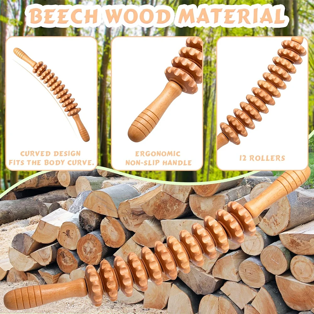 Wooden Roller Massage Stick Handheld Gear Tool 12 Wheel Rolling Tool Bendable Roller Trigger Point Made Of Pure Natural Wood 2