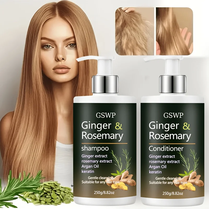GSWP 500g Ginger & Rosemary Shampoo and Conditioner Set: Deeply cleanses and strengthens hair, repairs dry and damaged strands. 3