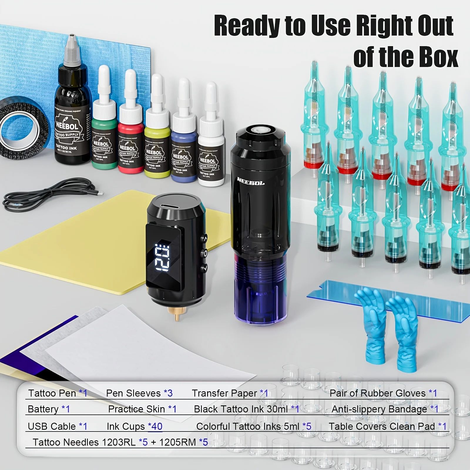 Neebol Tattoo Gun Kit Complete Set with Full Tattoo Supplies, Ultra lightweight Rotary Tattoo Machine With 1600mAh Battery, 10 Tattoo Needles, Extra Black Ink, Cordless Tattoo Pen Wireless, Translucent Design, Body Art Makeup Gift For Beginners & Artists 7