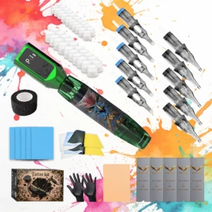 Goldplume Wireless Tattoo Pen Set (Green Owl) - a Complete Rotating Tattoo Machine Kit, Including a Syringe-Style Needle, Practice 1