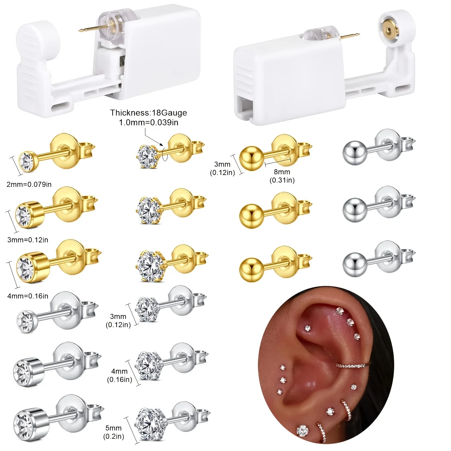 2 sets Ear Piercing Kit Disposable Ear Piercing Gun Kit Self Piercing Gun and Build-in Earrings Stud Ear Piercing Gun 2