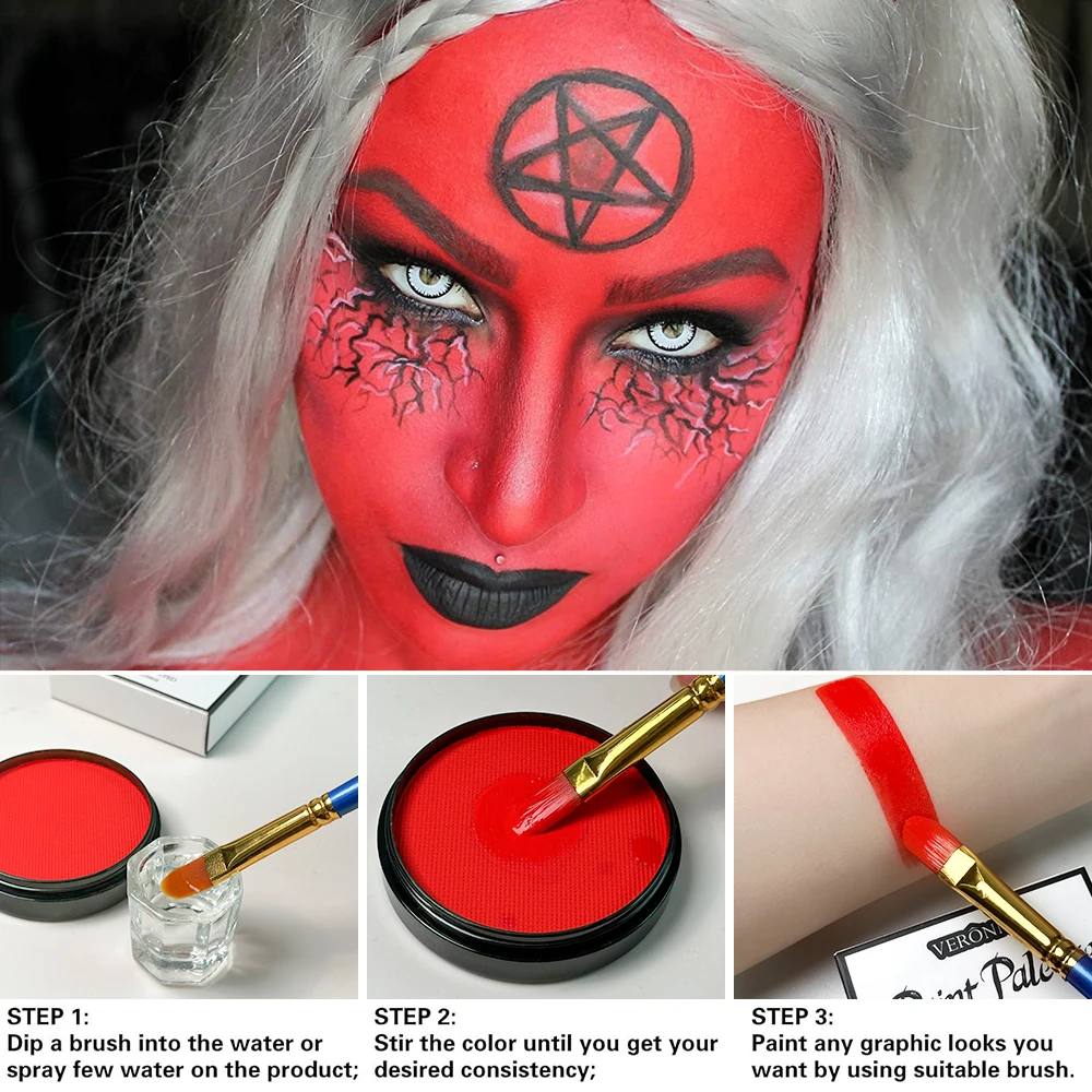 Black White Red 30G Monochromatic Water Solubility Body Makeup Face Paint with Brushes for Halloween Christmas Masquerade Party 4
