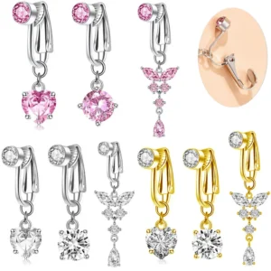 Faux Fake Belly Piercing Butterfly Heart Dangling Long Fake Belly Button Pircing Clip On Umbilical Navel Cartilage Earring Clip 1