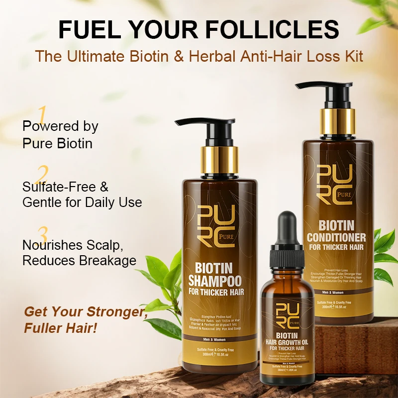 PURC Biotin Hair Growth Oil Shampoo Conditioner Sets Smoothing Anti-Hair Loss Scalp Treatment Hair Care Products for Men Women 3