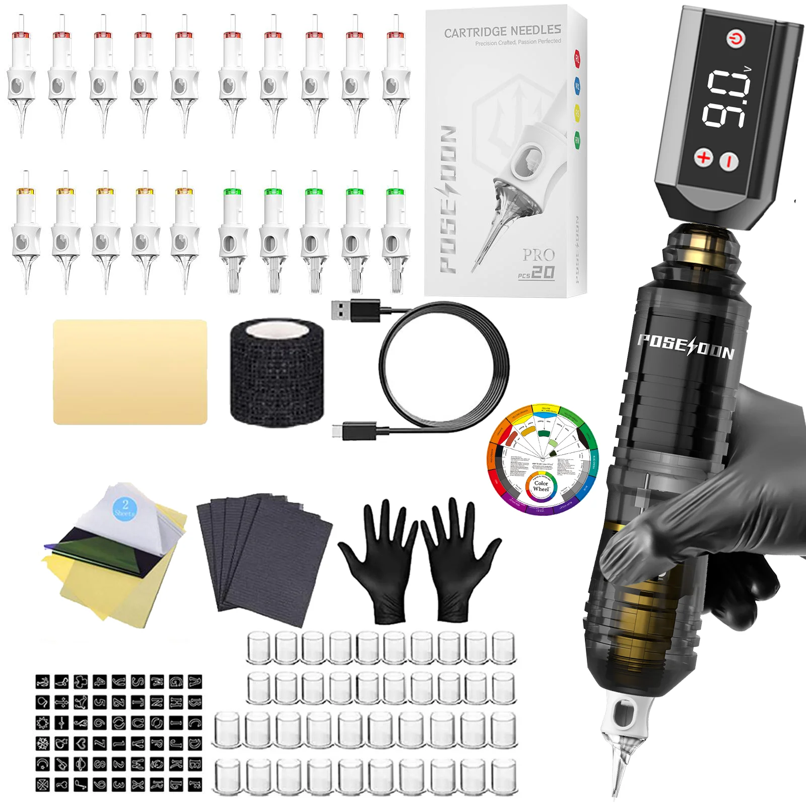 POSEIDON Tattoo Kit V6 Tattoo Pen Kit For Permanent Makeup Tattoo Machine Kit HM142 Black Tattoo Power Supply Tattoo Kit 2