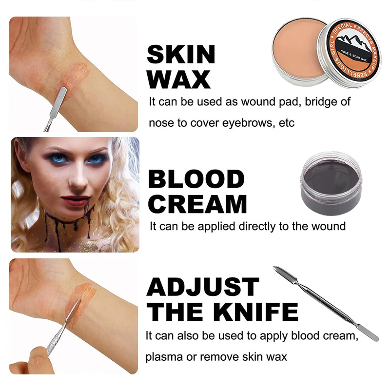 SFX Makeup Kit Scars Wax Halloween Special Effects Stage Fake Wound Skin Wax with Spatula Stipple Sponge Fake Wood Special 3
