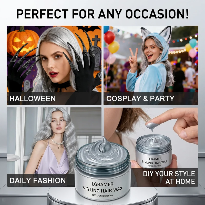Silver Gray Temporary Hair Color Wax,Instant Natural Hairstyle Cream Dye for Youth,Disposable Coloring Mud for Cosplay Halloween 4