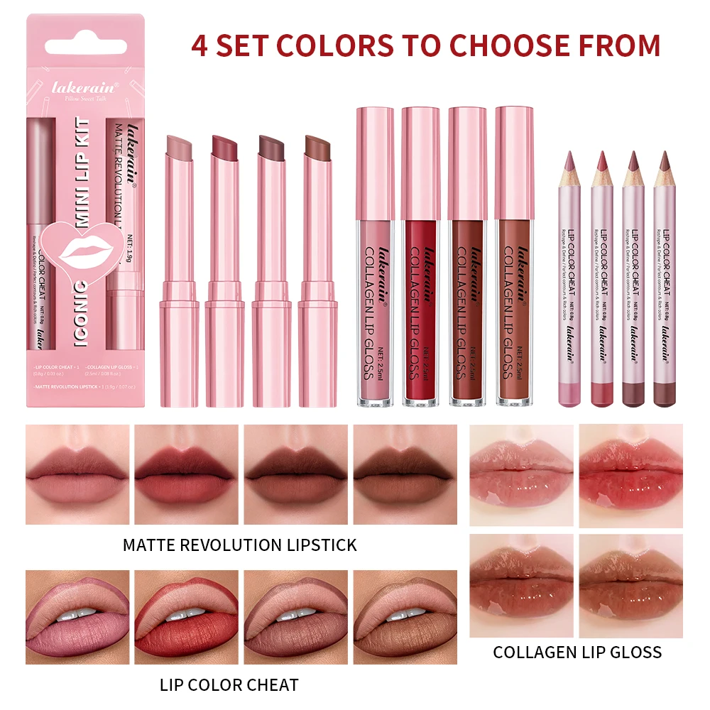 Lipliner&Lipstick Lip Gloss Set 3pcs/set Waterproof Long Lasting Lip Makeup Matte Travel Mini Set Women's Makeup Cosmetics 4