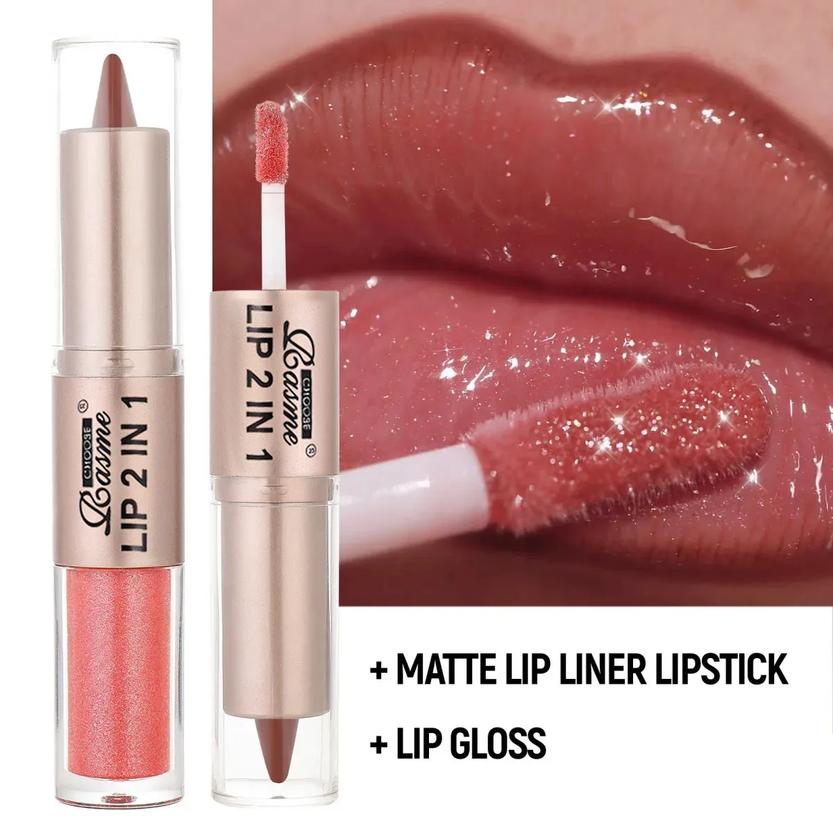 2IN1 Tapered Gradient Lipliner Pen Nude Brown Mirror Glass Lip Gloss Matte Lip Liner Waterproof Lip Contour Non Stick Makeup 4