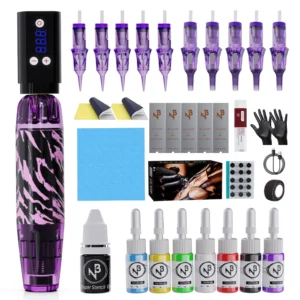 Goldplume Complete Tattoo Kit, Wireless Tattoo Machine Kit, Tattoo Gun Kit with 1500Mah Tattoo Power Supply, 10 Tattoo Needles and 7 Bottles of Tattoo Ink and Other Tattoo Accessories, Complete Tattoo Kit Suitable for Beginners and Tattoo Masters 1