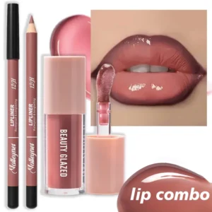 Waterproof 2Pcs Long-Lasting Matte Lip Makeup Set - Lip Liner & Glaze Combo with Pencil Texture, Red, Brown, Pink, Nude Tones 1