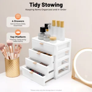 4 Drawers Desktop Storage Box, Small Organizer Drawers for Office Supplies School Stationery Cosmetics, Plastic Stackable Caddy Shelf Top Platform, Tidy Counter Space Saving Container with Handle Rounded Corners for Home Bedroom Vanity Study Room 1