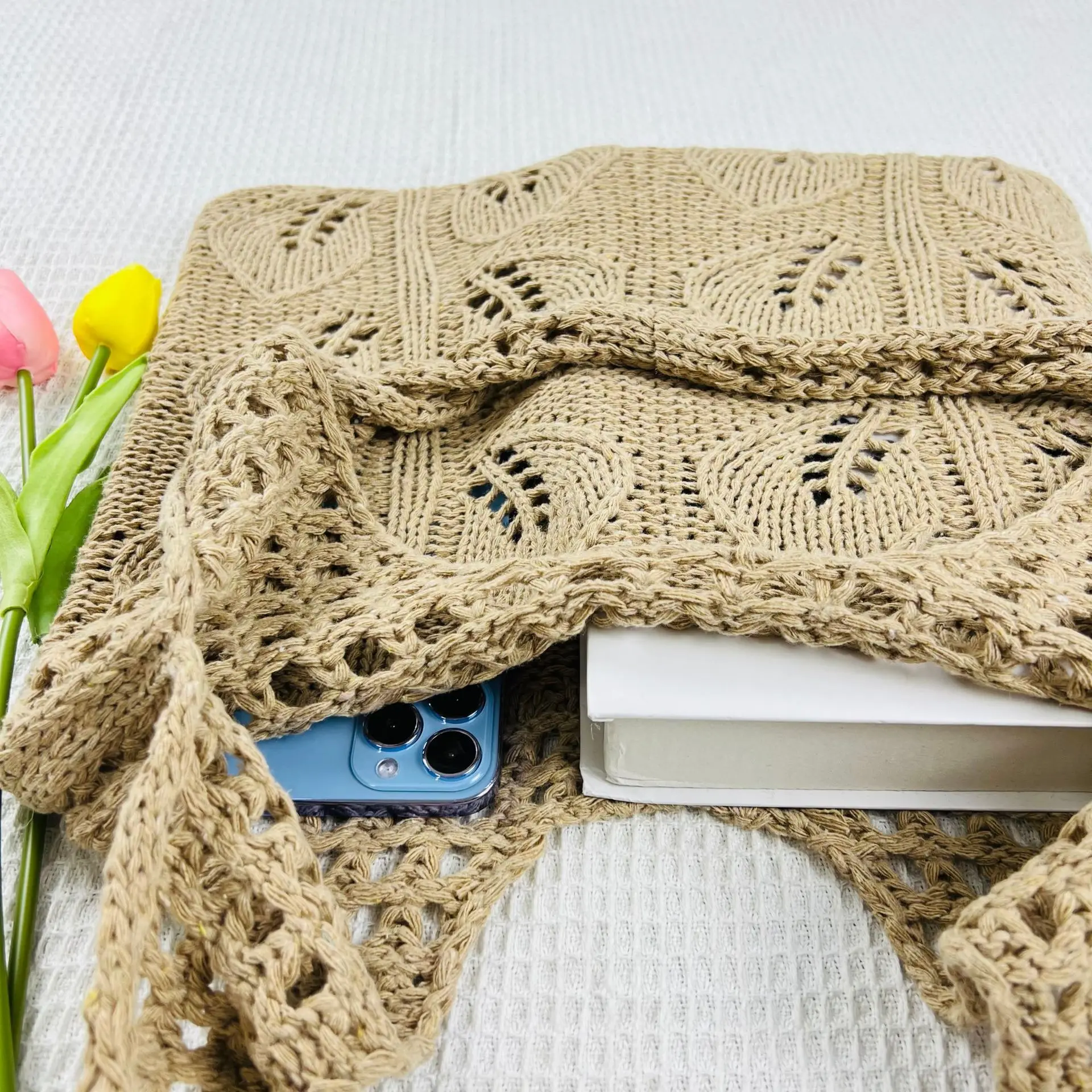 Knitted Handbags Beach Bags Lightweight Students Shoulder Casual Tote Female Style Shopping Woven Bags For Women Girls 6