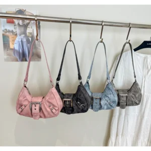 Vintage Tie-Dye Denim Underarm Bag Y2K Metal Buckle Pleated Commuting Versatile Handbag Crescent Small Shoulder Bag 1