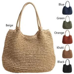 Women Straw Bag Tote Handbag Large Capacity Vintage Shoulder Bag Solid Color Simple Weaving Handbag Ladies Summer Daily Bag 1