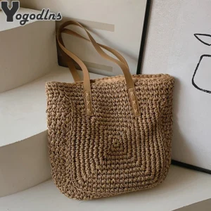 Handmade Woven Straw Beach Bag Large Capacity Shoulder Bag Women Raffia Travel Shopper Totes Summer Vacation Casual Handbags 1