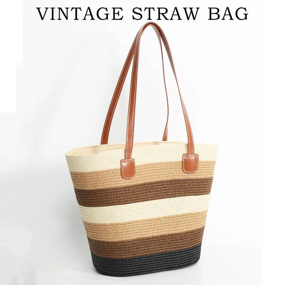 Fashion Straw Tote Bag Stripe Large Capacity Woven Shoulder Bag Square Zipper Woven Hat Vacation Top-Handle Bags 5