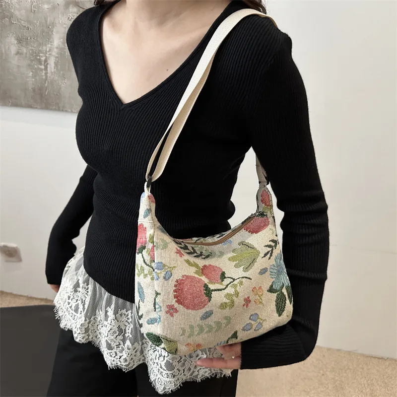 Fashion Vintage Winter New Women Lady Bag Versatile Literary Prints Cloth Crescent Pack Texture Temperament Crossbody Shoulder 5