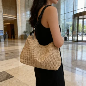Straw Woven Shoulder Bag with Knotted Leather Handles Crossbody Bag, Chic Summer Beach Tote Bags for Casual Outings, Daily Use 1