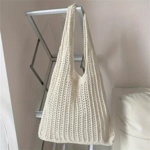 Solid Color Large Capacity Knitting Shoulder Bag Bohemian Crochet Tote Hollow out Woven Handbag Casual Summer 1