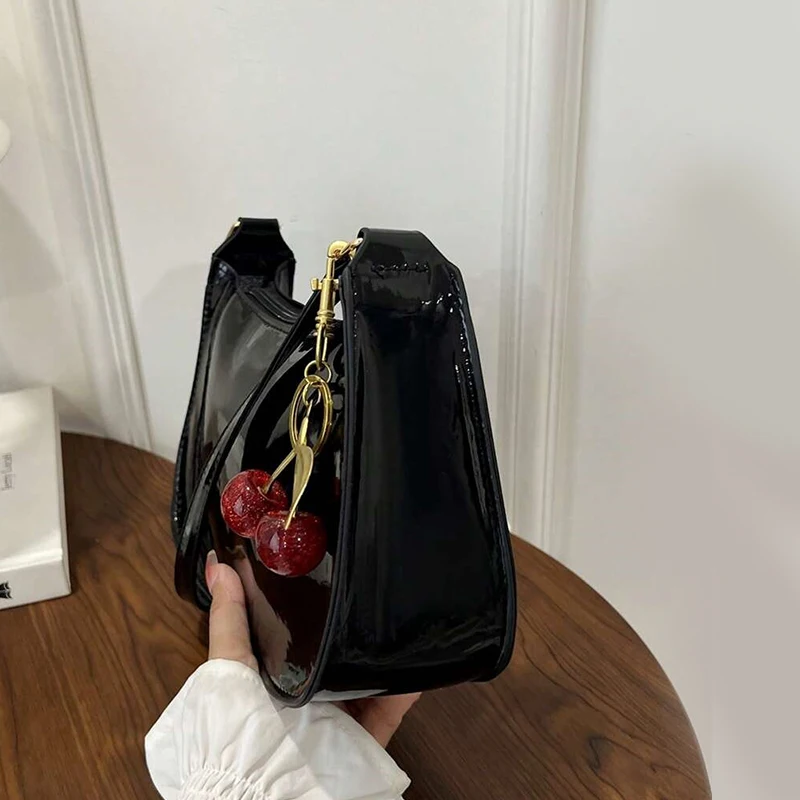 Women's PU Leather Handbag Versatile Fashion Solid Color Cherry Pendant Shoulder Bag Casual Commuting Bag Girl Underarm Bag 6
