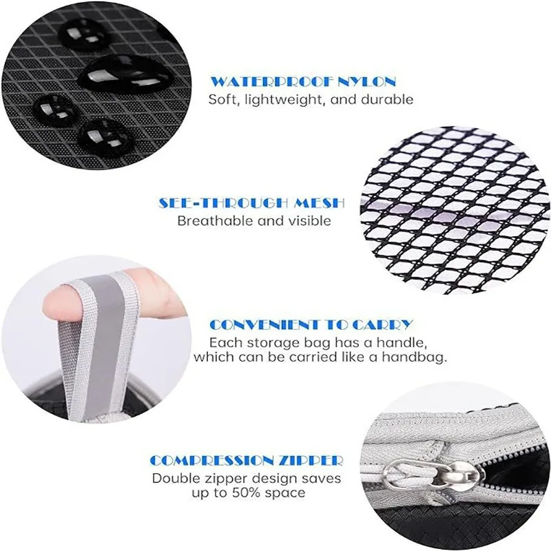 5PCS Travel Compressed Packing Cubes Storage Organizer Set With Shoe Bag Mesh Visual Luggage Portable Lightweight Suitcase Bag 6