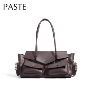 Motorcycle Style Multiple Pockets Design Large Tote Glossy Split Cow Leather Women Handbag Vintage Shoulder Bag Long Handle 1