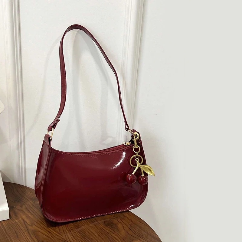 Women's PU Leather Handbag Versatile Fashion Solid Color Cherry Pendant Shoulder Bag Casual Commuting Bag Girl Underarm Bag 3
