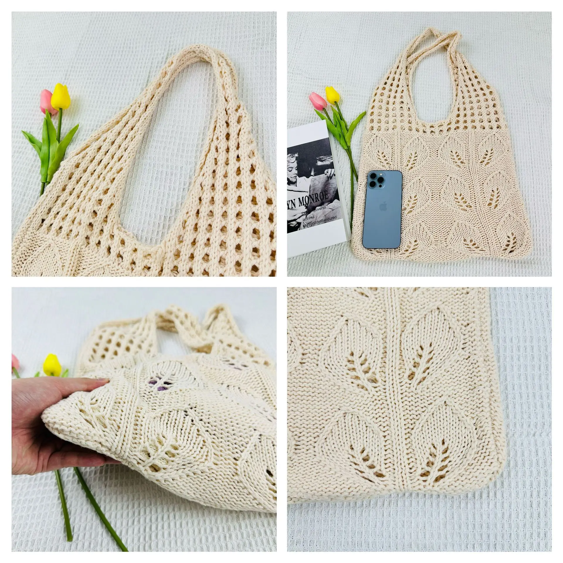 Knitted Handbags Beach Bags Lightweight Students Shoulder Casual Tote Female Style Shopping Woven Bags For Women Girls 5