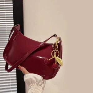 Women's PU Leather Handbag Versatile Fashion Solid Color Cherry Pendant Shoulder Bag Casual Commuting Bag Girl Underarm Bag 1