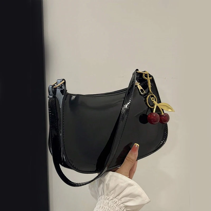 Women's PU Leather Handbag Versatile Fashion Solid Color Cherry Pendant Shoulder Bag Casual Commuting Bag Girl Underarm Bag 2