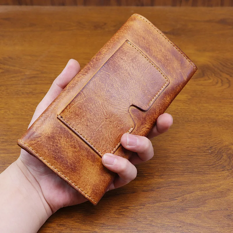 Hand Distressed Vegetable Tanned Leather Men's Long Wallet Large Capacity Clasp Closure Phone Clutch Bag for Women 100% Leather 4