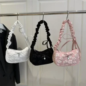 Bow Floral Print Pleated Crescent Bag Shoulder Bag Women's Fashion Trendy Crossbody Bag Girl Sweet Handbag High-end Commuter Bag 1