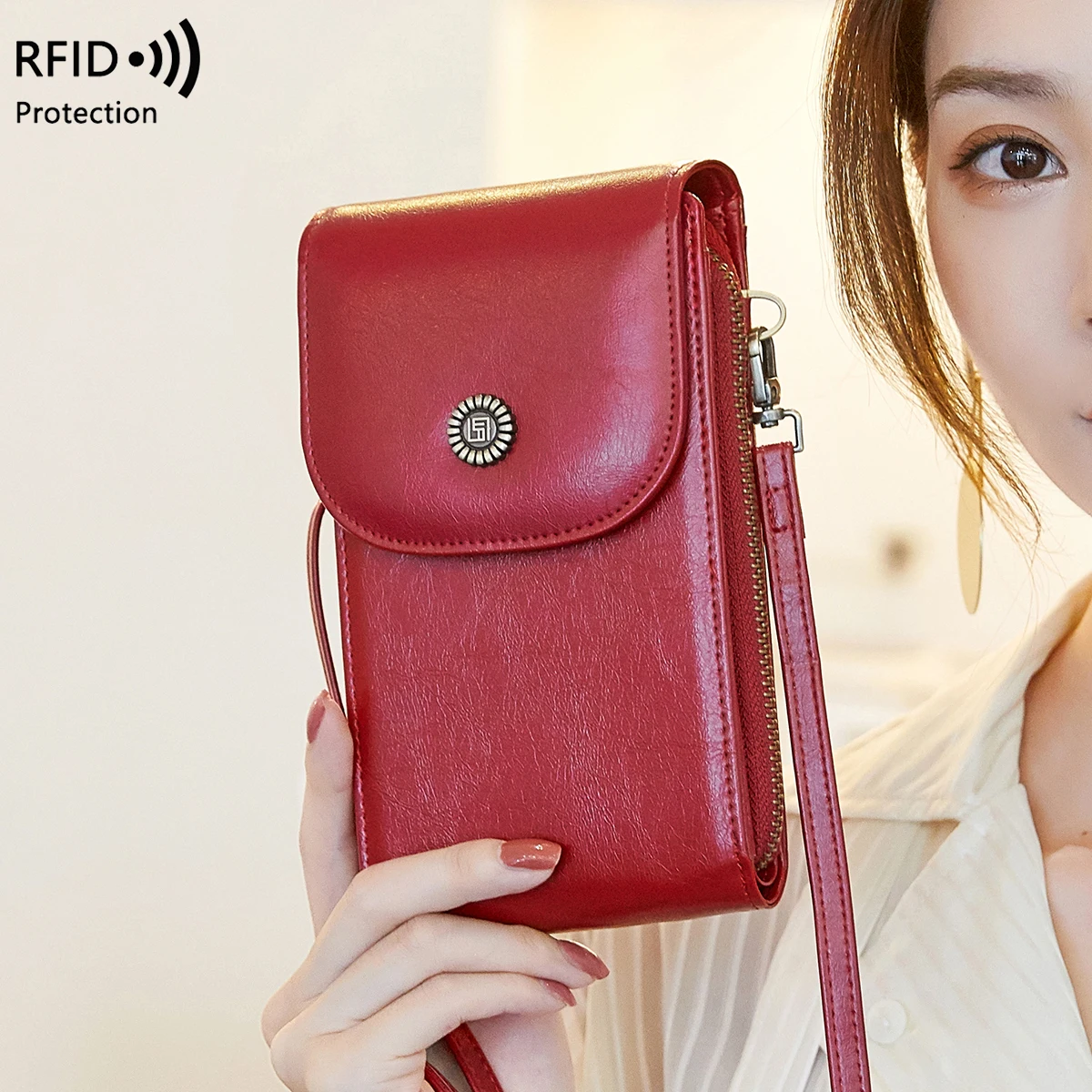 Retro Oil Wax Leather Mobile Phone Bag, RFID, Anti-theft, Brush, Vertical Shoulder Bag, Fashion Crossbody Wallet 2