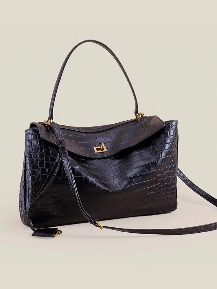 Office Ladies Elegant Black Single Shoulder Bag Cowskin Genuine Leathe Tote Handbag Hasp Designer Fashion Women Messenger Bag 4
