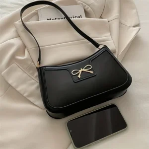 Chic Black Crescent Shoulder Bag for Women Elegant Underarm Purse with GoldenTone Bow Detail Polyester Lined Stylish PU Tote Bag 1