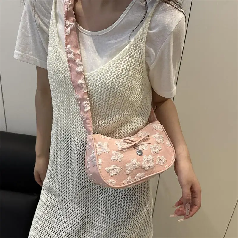Bow Floral Print Pleated Crescent Bag Women Sweet Shoulder Crossbody Bag Fashion Commuter Handbag 2