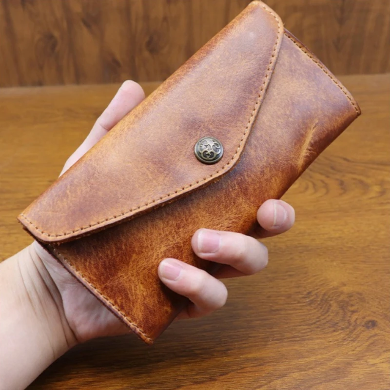 Hand Distressed Vegetable Tanned Leather Men's Long Wallet Large Capacity Clasp Closure Phone Clutch Bag for Women 100% Leather 2