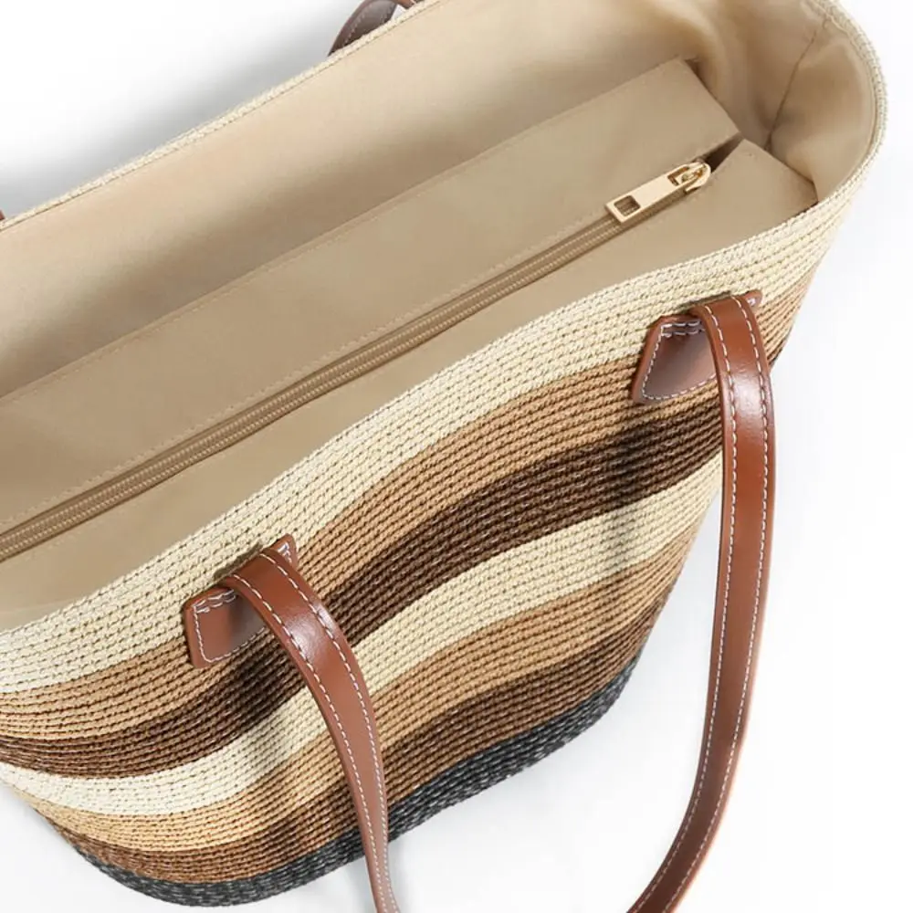 Fashion Straw Tote Bag Stripe Large Capacity Woven Shoulder Bag Square Zipper Woven Hat Vacation Top-Handle Bags 3