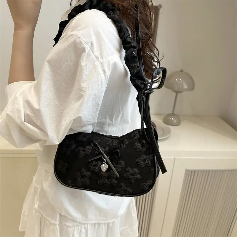 Bow Floral Print Pleated Crescent Bag Women Sweet Shoulder Crossbody Bag Fashion Commuter Handbag 3