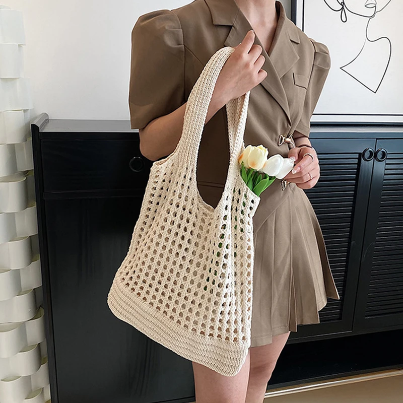 Vintage Hollow Design Woven Women Shoulder Bag Knitting Large Capacity Handbags Summer Travel Shopper Tote For Ladies Beach Bags 3