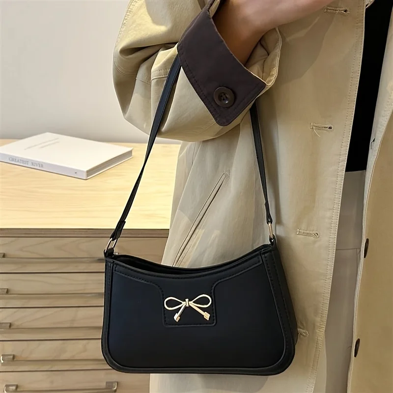 Chic Black Crescent Shoulder Bag for Women Elegant Underarm Purse with GoldenTone Bow Detail Polyester Lined Stylish PU Tote Bag 6
