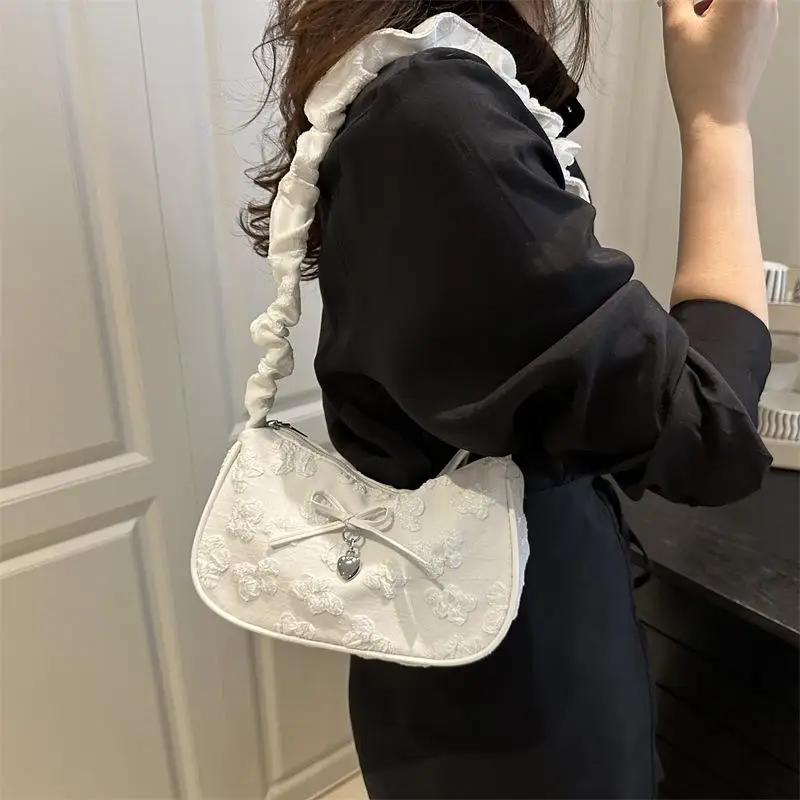 Bow Floral Print Pleated Crescent Bag Women Sweet Shoulder Crossbody Bag Fashion Commuter Handbag 5