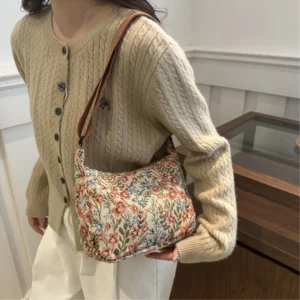 Fashion Vintage Winter New Women Lady Bag Versatile Literary Prints Cloth Crescent Pack Texture Temperament Crossbody Shoulder 1