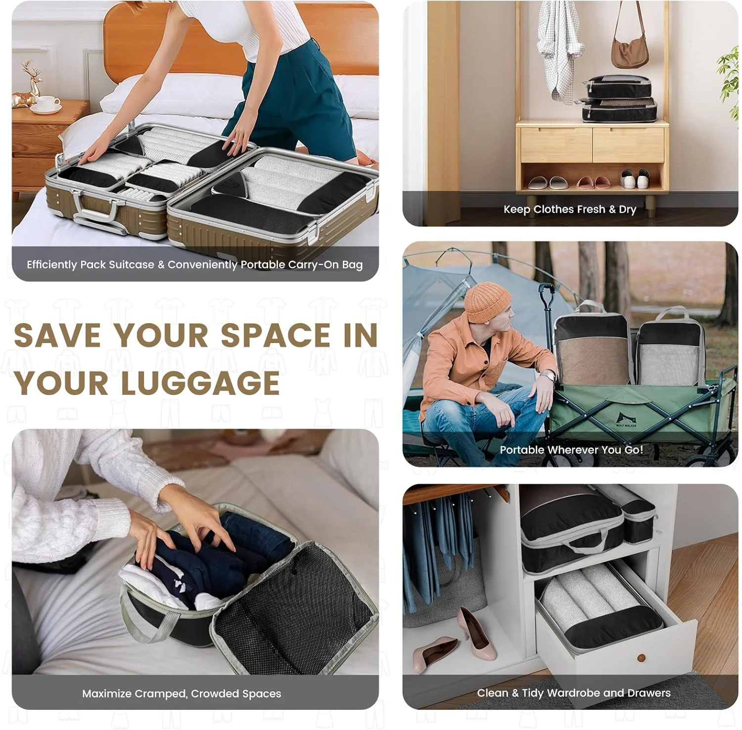 6PCS Travel Compressed Packing Cubes Storage Organizer Set With Shoe Bag Mesh Visual Luggage Portable Lightweight Suitcase Bag 6