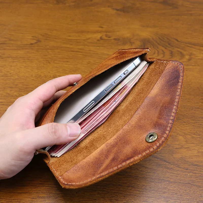 Hand Distressed Vegetable Tanned Leather Men's Long Wallet Large Capacity Clasp Closure Phone Clutch Bag for Women 100% Leather 3