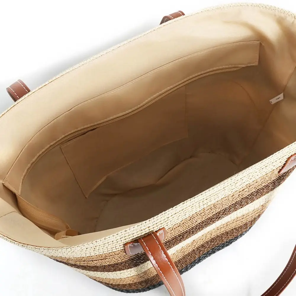 Fashion Straw Tote Bag Stripe Large Capacity Woven Shoulder Bag Square Zipper Woven Hat Vacation Top-Handle Bags 6