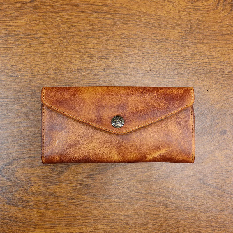 Hand Distressed Vegetable Tanned Leather Men's Long Wallet Large Capacity Clasp Closure Phone Clutch Bag for Women 100% Leather 6