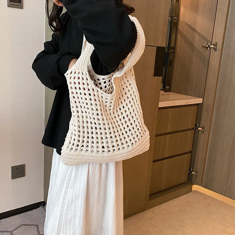 Vintage Hollow Design Woven Women Shoulder Bag Knitting Large Capacity Handbags Summer Travel Shopper Tote For Ladies Beach Bags 2